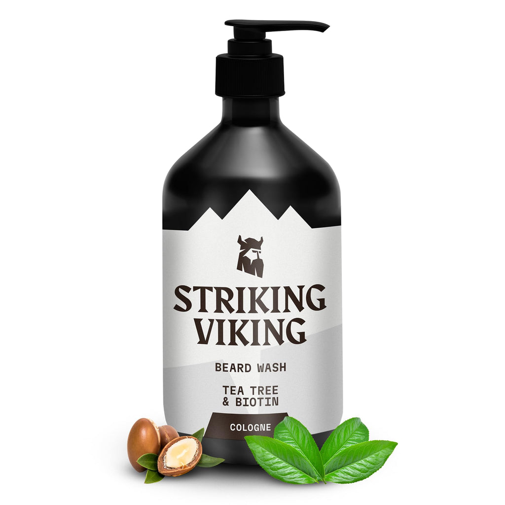 Striking Viking Beard Wash - 17 oz, Natural Tea Tree & Biotin - Cologne Scent Beard Shampoo Paraben & Sulfate Free For Men - Deep Cleansing and Care