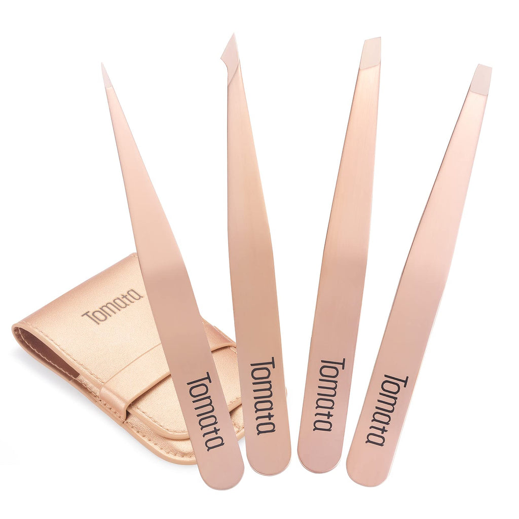 TomataTweezers for Eyebrows, Slant Tip and Pointed Eyebrow Tweezer Set Great Precision for Eyebrows Facial Hair, Ingrown Hair, Splinter, Blackhead and Tick Remover (4-piece)