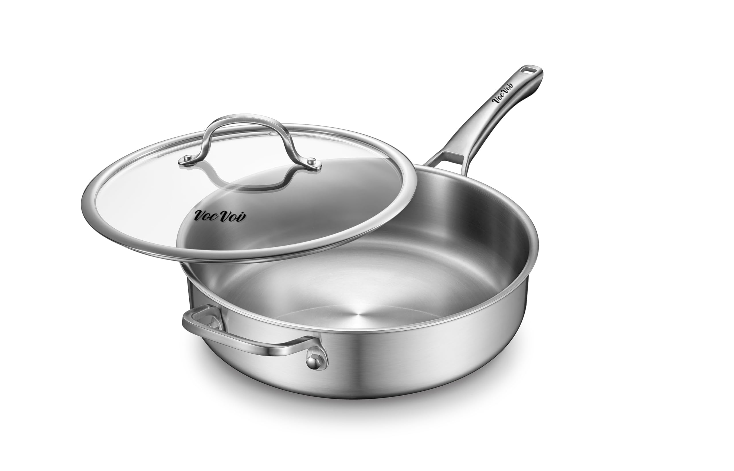 VocVoi Stainless Steel Pan with Lid, 6 QT Stainless Steel Saute Pan, 12 Inch Frying Pan, PFOA & PTFE Free, Tri-Ply Skillet, Stainless Steel Pot, Dishwasher & Oven Safe, Works on All Cooktops
