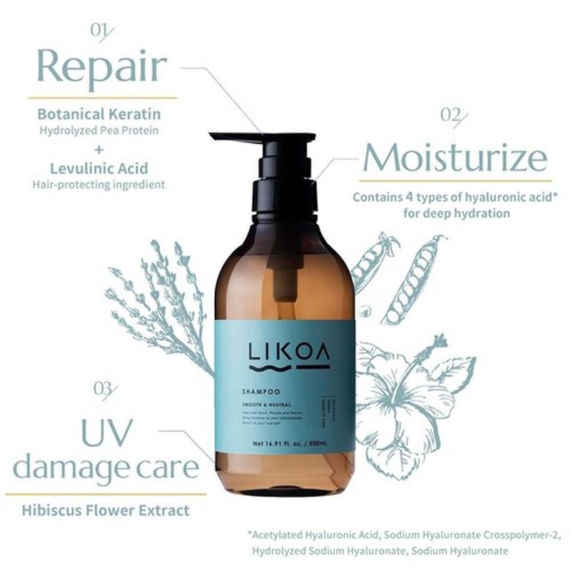 LIKOA Smooth Neutral Shampoo - Vegan & Halal Formula for Fine, Dry Hair | 500mL, White Floral Scent