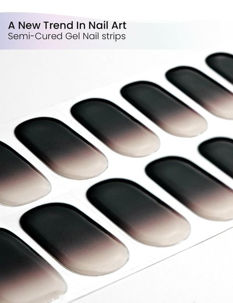 Oauee Semi Cured Gel Nail Strips | Built-In Gel Top Coat | UV Light Required | Salon Quality, Easy Application And Removal (Black & nude pink gradient)