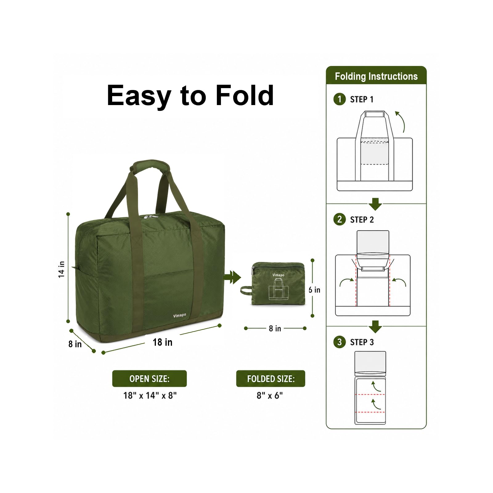 Vimapo Foldable Travel Duffle Bag with Trolley Sleeve 40L Capacity, Lightweight Packable Travel Duffel Bags with the Keyhole Zipper, Weekender Overnight Nylon Carry on Bag for Men & Women, Army Green