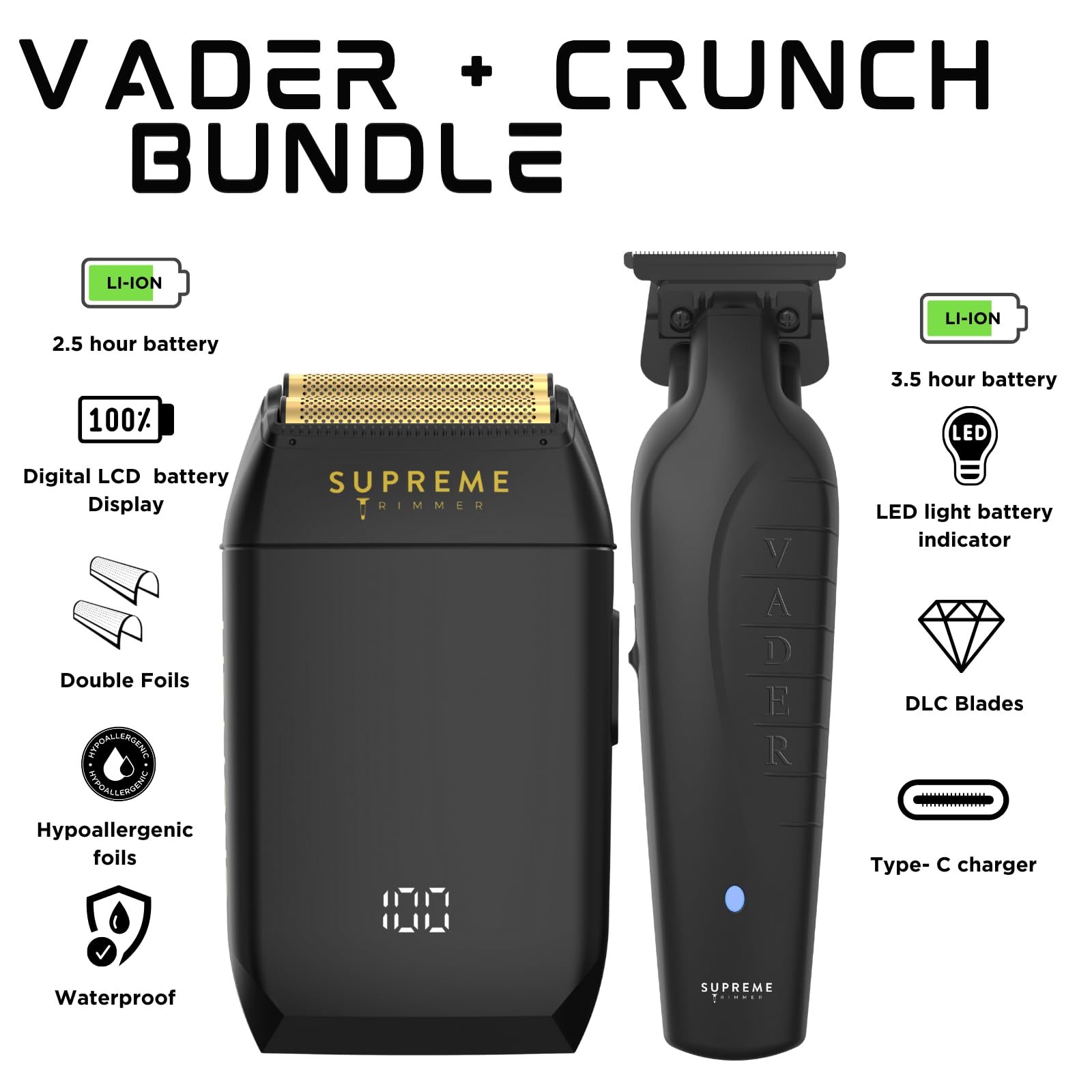 Supreme Trimmer Vader Trimmer & Crunch Foil Shaver Barber Haircutting Kit | Professional DLC T-Blade Beard Trimmer ST3778 & STF602 Waterproof IPX6 Shaver Set | (Acid)