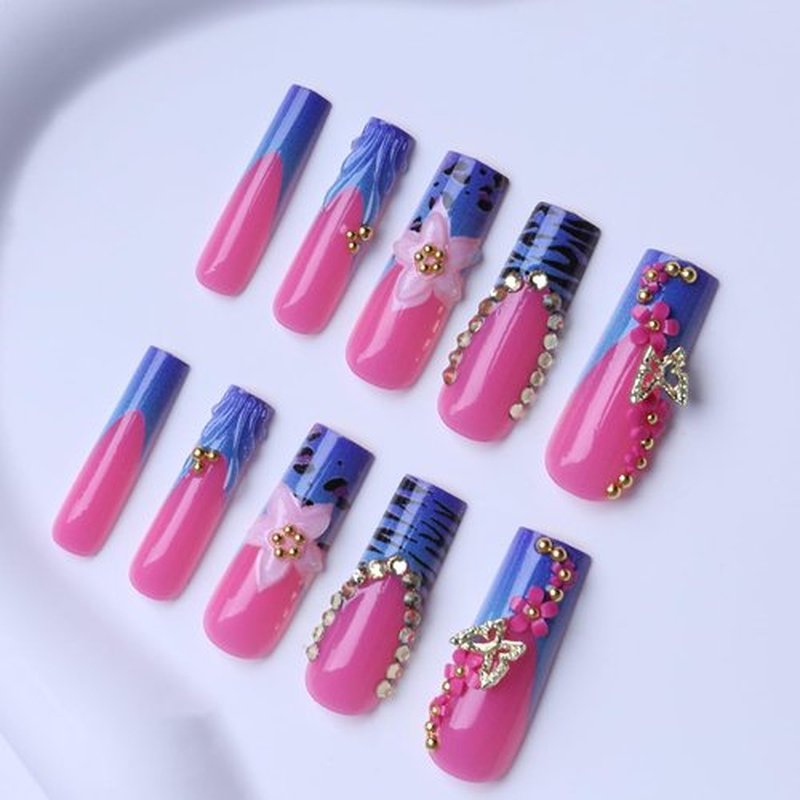 Bule French Tip Press on Nails Pink Long Square Fake Nails 3D Butterfly Flower Rhinestone Design Full Cover Glossy Glue on Nails for Women 24PCS