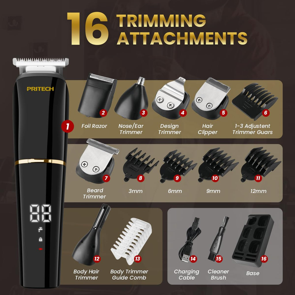 PRITECH Beard Trimmer for Men – 6-in-1 Cordless Grooming Kit, Waterproof IPX6 Men's Shaver with Foil Razor, Beard/Hair/Body/Precision/Nose/Micro, Long Battery Life, Easy to Clean (Black)