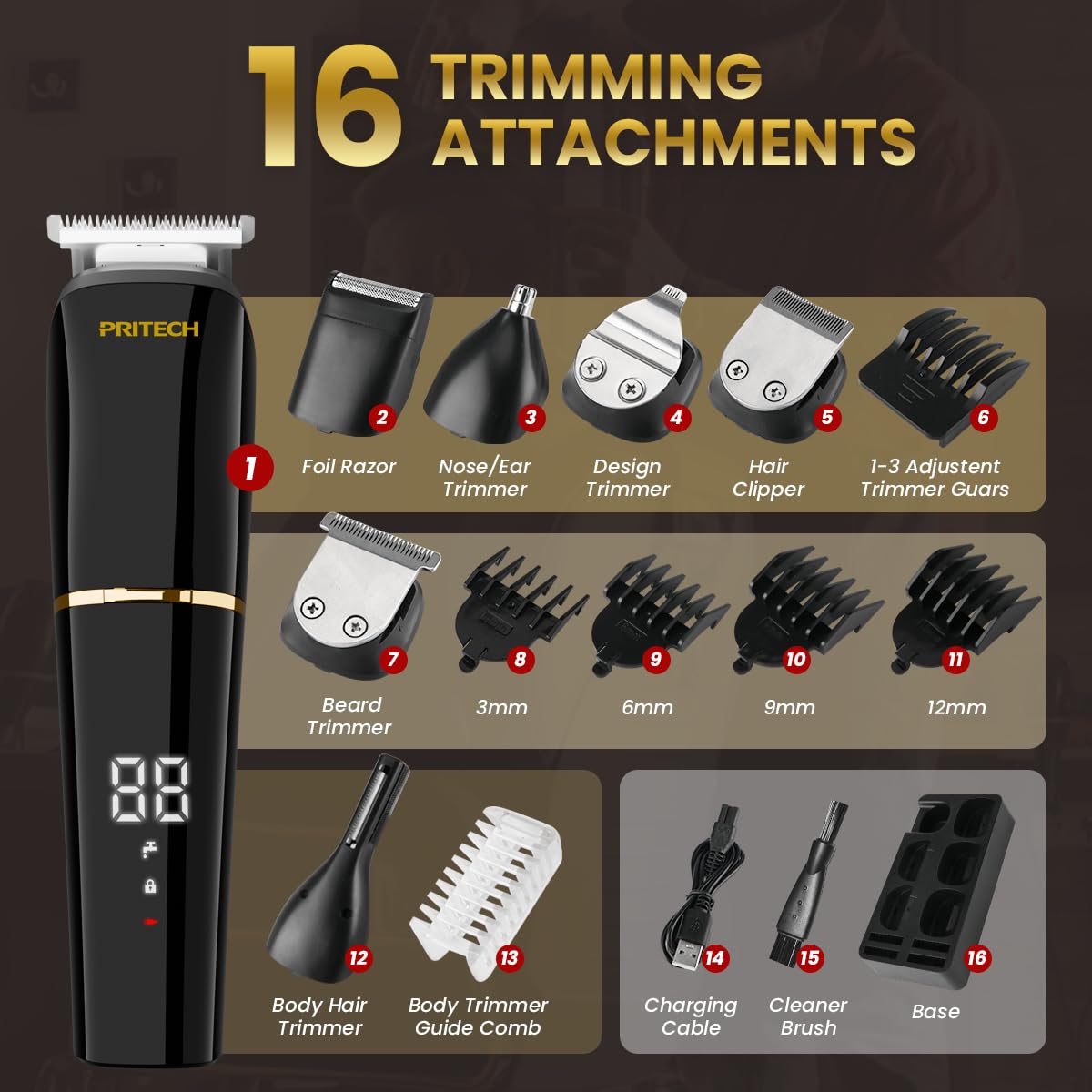 PRITECH Beard Trimmer for Men – 6-in-1 Cordless Grooming Kit, Waterproof IPX6 Men's Shaver with Foil Razor, Beard/Hair/Body/Precision/Nose/Micro, Long Battery Life, Easy to Clean (Black)