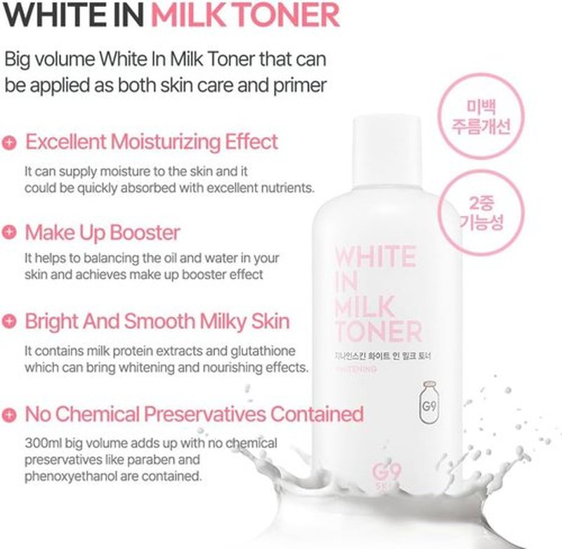 G9SKIN White In Milk Toner - Hydrating & Brightening Facial Toner with Milk Protein | 300ml / 10.14 Fl.Oz