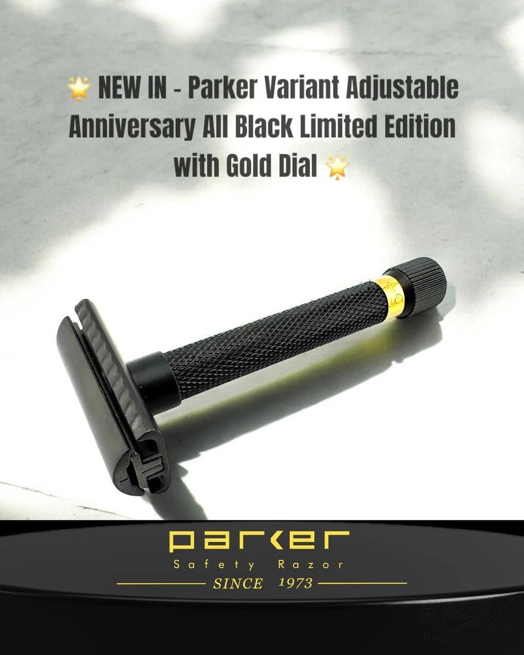 Parker Variant Adjustable Safety Razor Anniversary Edition Black & Gold, Solid Brass Double Edge Razor With 5 Settings, Two Piece Design, Heavyweight Handle For Precision Shaving