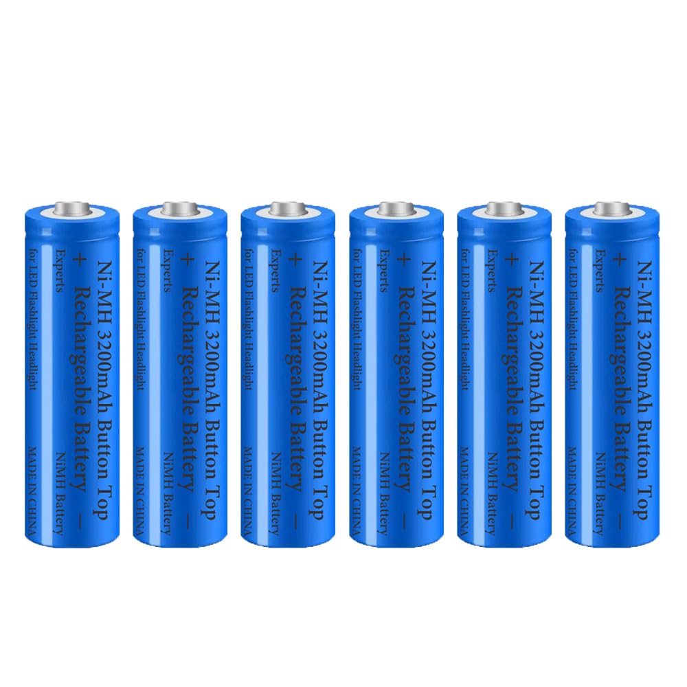 6 Pack 3200 mAh Battery Ni-MH Rechargeable, Button Top NiMH Batteries, High Capacity Battery for LED Flashlight, Headlamp,Camera, RC Car, Mini Fans, etc, with Storage Box, Blue