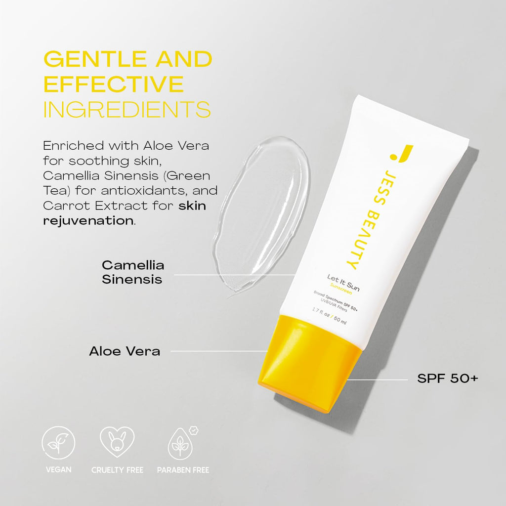 JESS BEAUTY | Let It Sun SPF 50 Gel Sunscreen | Lightweight Invisible Face Sunscreen with Green Tea, Aloe Vera & Squalane | Broad Spectrum UV Protection with No White Cast 1.7 fl oz