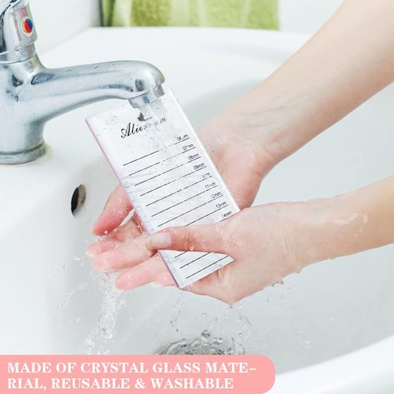 Alierrym Premium Eyelash Extension Tray Lash Applicator Reusable Glass Tile & Pre-Measured Guided Step-by-Step Lines for Easy Application (L)