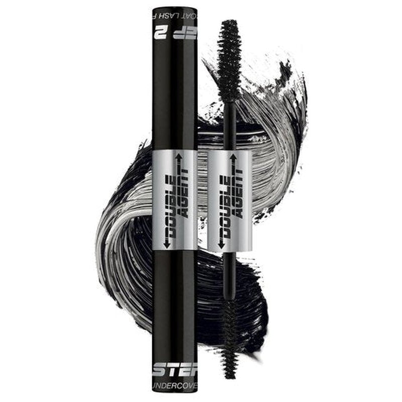 Palladio Double Agent Lash Extender Undercover Fiber Booster Mascara, dual lash system, increase eyelash length and volume, boost lashes for a bold dramatic look, voluminous makeup mascara, Jet Black