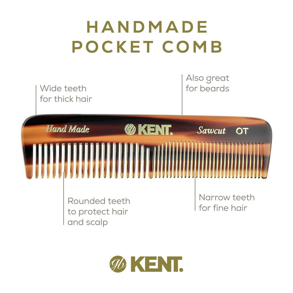 Kent OT Pocket Comb Black and Tortoise - Handmade Fine and Wide Tooth Hair Comb for Men, Women, and Kids - Travel, Beard, and Mustache Comb - Saw Cut and Hand Polished Made in England