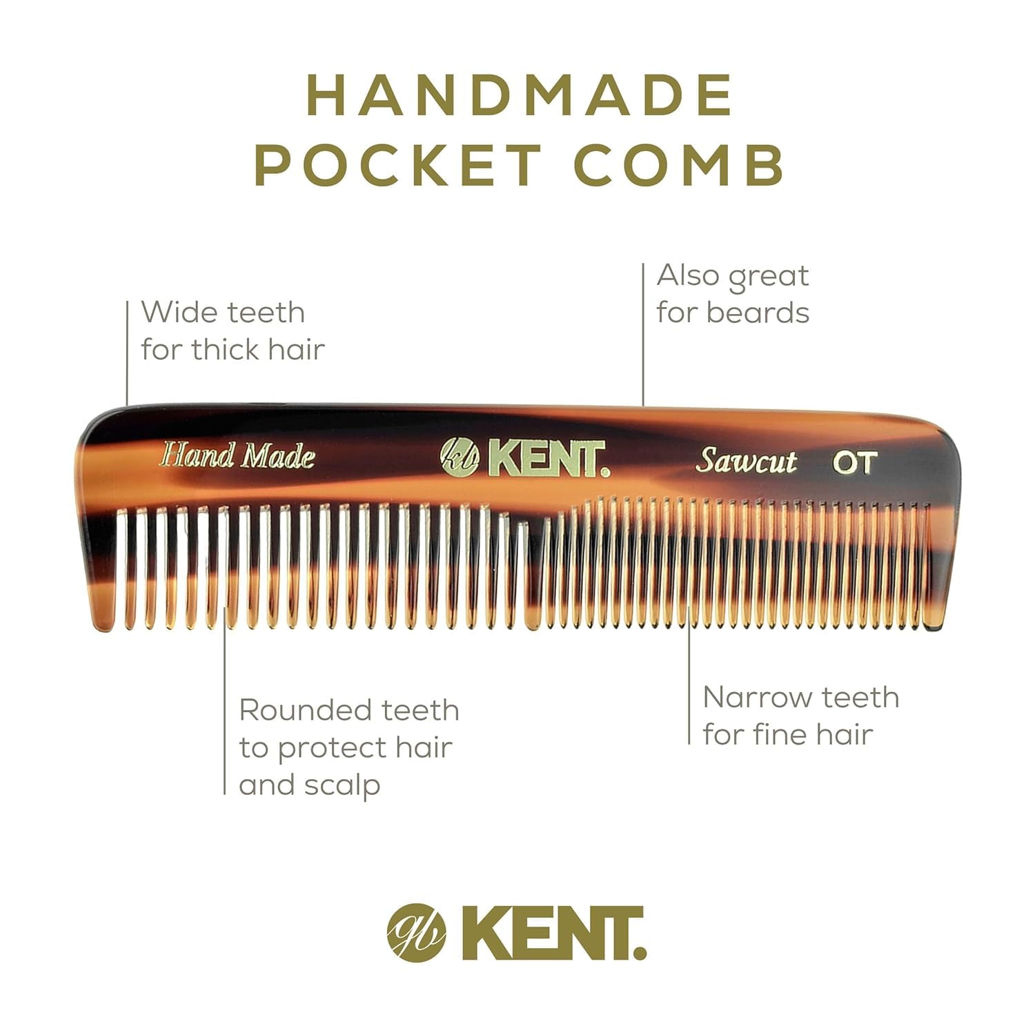 Kent OT Pocket Comb Black and Tortoise - Handmade Fine and Wide Tooth Hair Comb for Men, Women, and Kids - Travel, Beard, and Mustache Comb - Saw Cut and Hand Polished Made in England