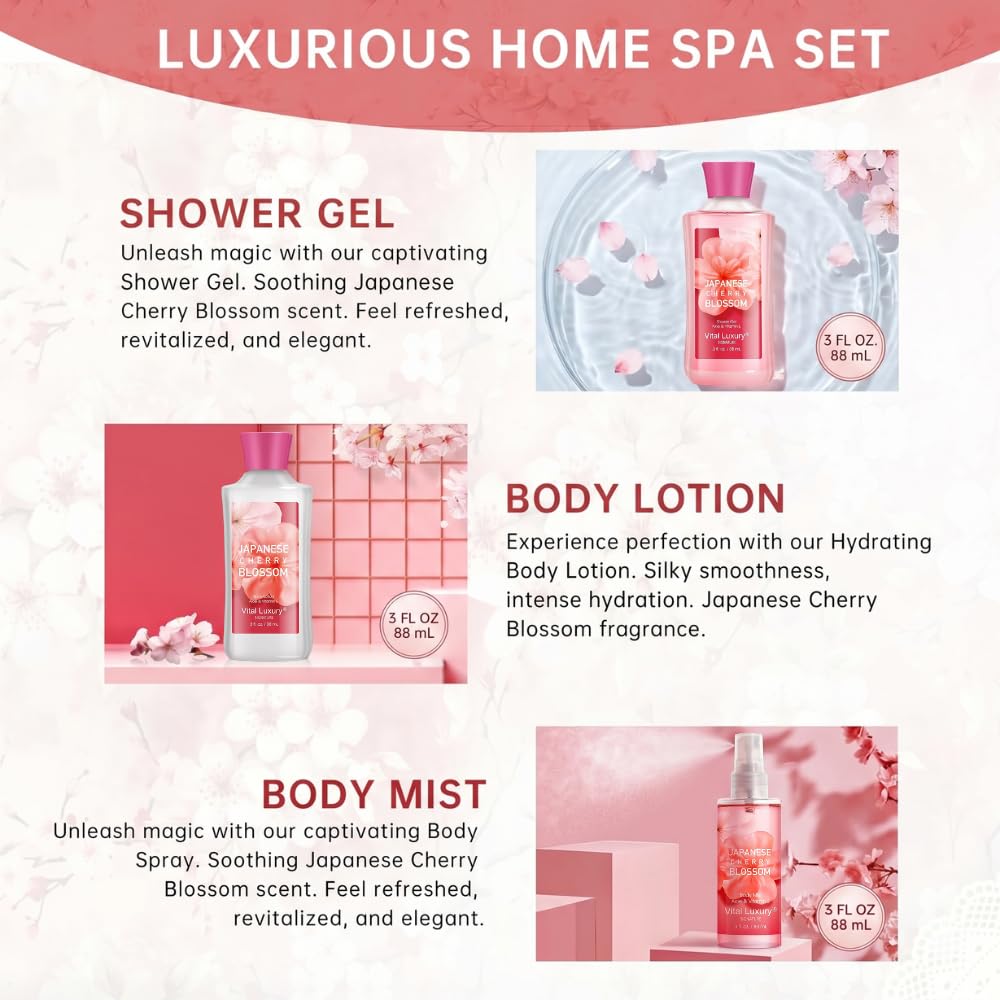 Bath and Body Gift Set – Japanese Cherry Blossom Spa Kit for Women, 3PC Travel Size Set with Shower Gel, Body Lotion, and Fragrance Mist, Body Care Set for Gifting, Bridesmaid Gifts