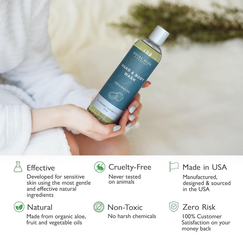 SoCal Suds & Company Organic Body Wash - Gentle Hand & Body Soap Liquid for Men & Women, Made w/Organic Oils & Coconut Oil, Nourishing Shower Gel Bodywash for All Skin Types, Fragrance-Free 2-Pk, 12oz