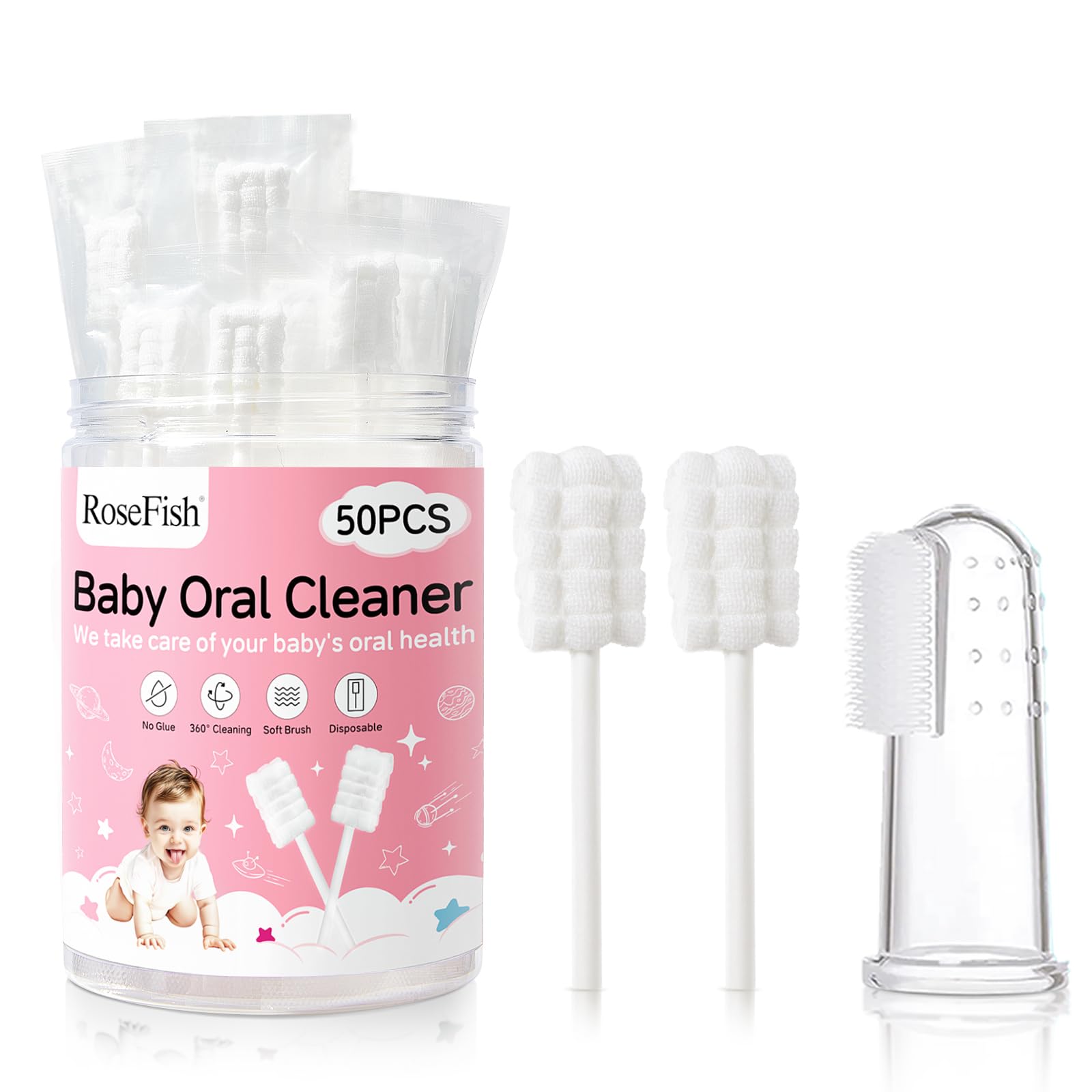RoseFish 50Pcs Baby Tongue Cleaner for 0-36 Month No Glue Disposable Baby Mouth Oral Cleaner Infant Toothbrush Gum Cleaner 3D Soft Infant Tongue Cleaner+1PCS Finger Toothbrush