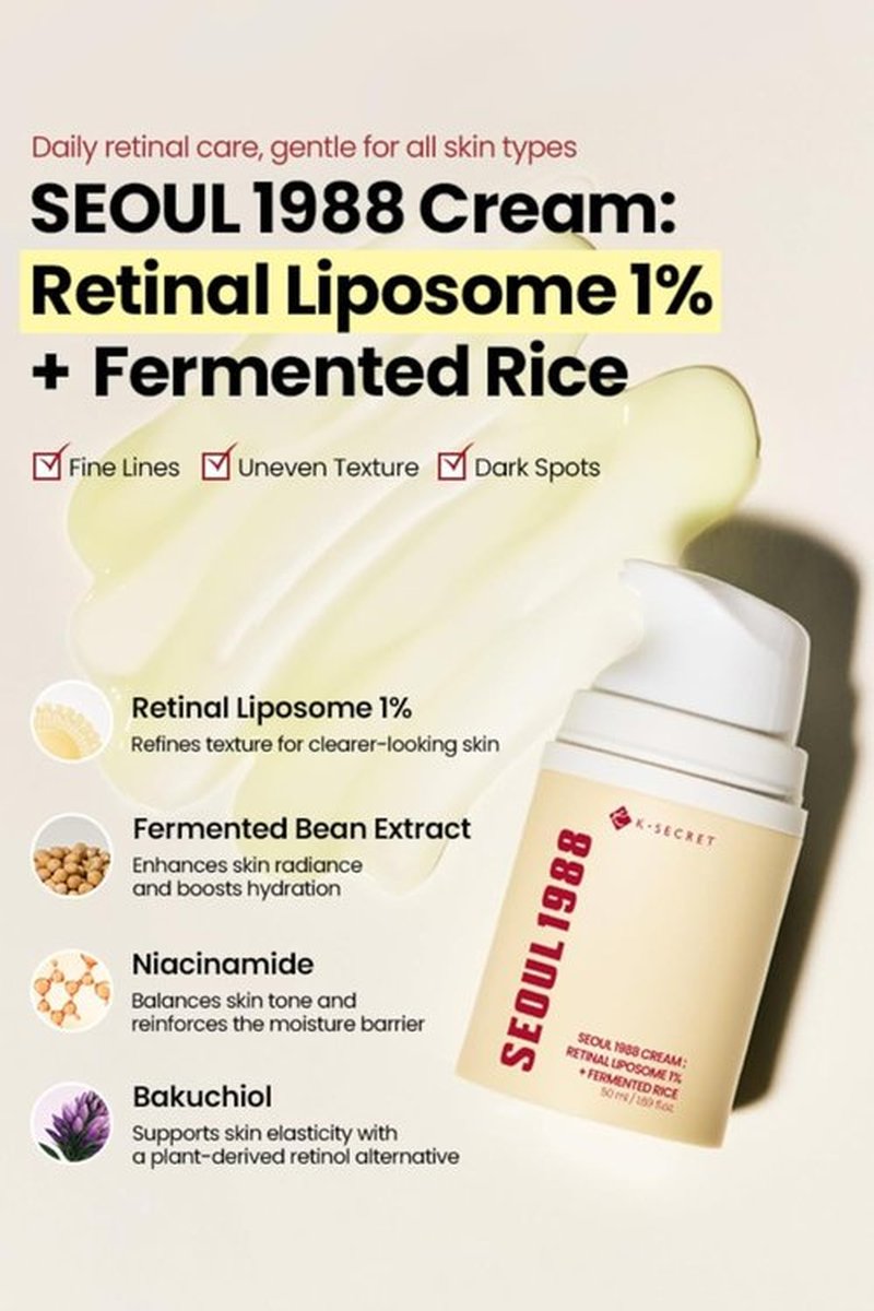 K-SECRET SEOUL 1988 Retinal Cream – Formulated with Advanced Retinal Liposome 1% and Fermented Rice Extract | Daily Fine Lines and Skin Texture Care | Korean Skincare, 50ml / 1.69 fl oz