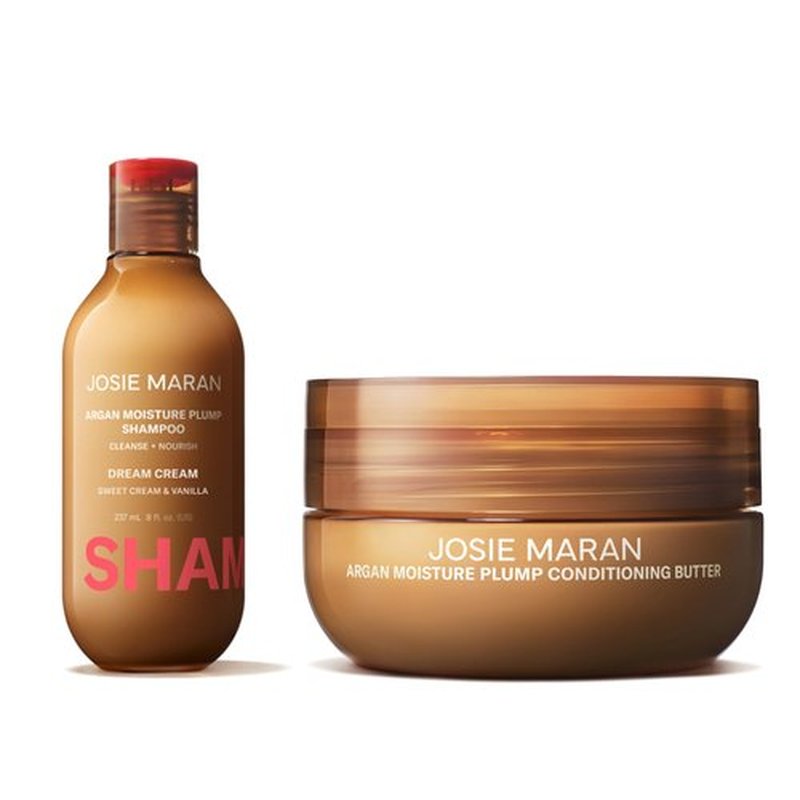 Josie Maran Love is in the Hair Kit - Includes Argan Moisture Plump Hair Shampoo & Conditioner Butter - Hydrating & Volumizing - Strengthens & Repairs Strands - Dream Cream (2 Piece Set)