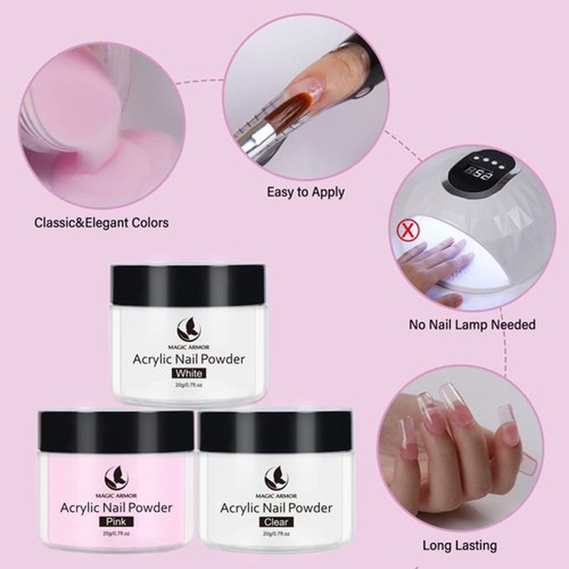 MAGIC ARMOR Acrylic Liquid Monomer and Acrylic Powder Set - 3 Colors Powder Clear Pink White Professional Monomer Liquid 5oz For Nails Extension Kit
