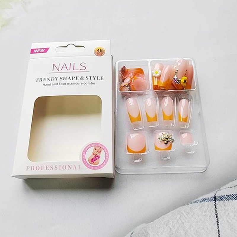 48 Pcs Orange French Press on Nails Medium & Press on Toenails Set Medium Square Nail Press ons with Rhinestone Designs Bee Flower Nail Charms Fake Nails Acrylic Nails Stick on Nails for Women
