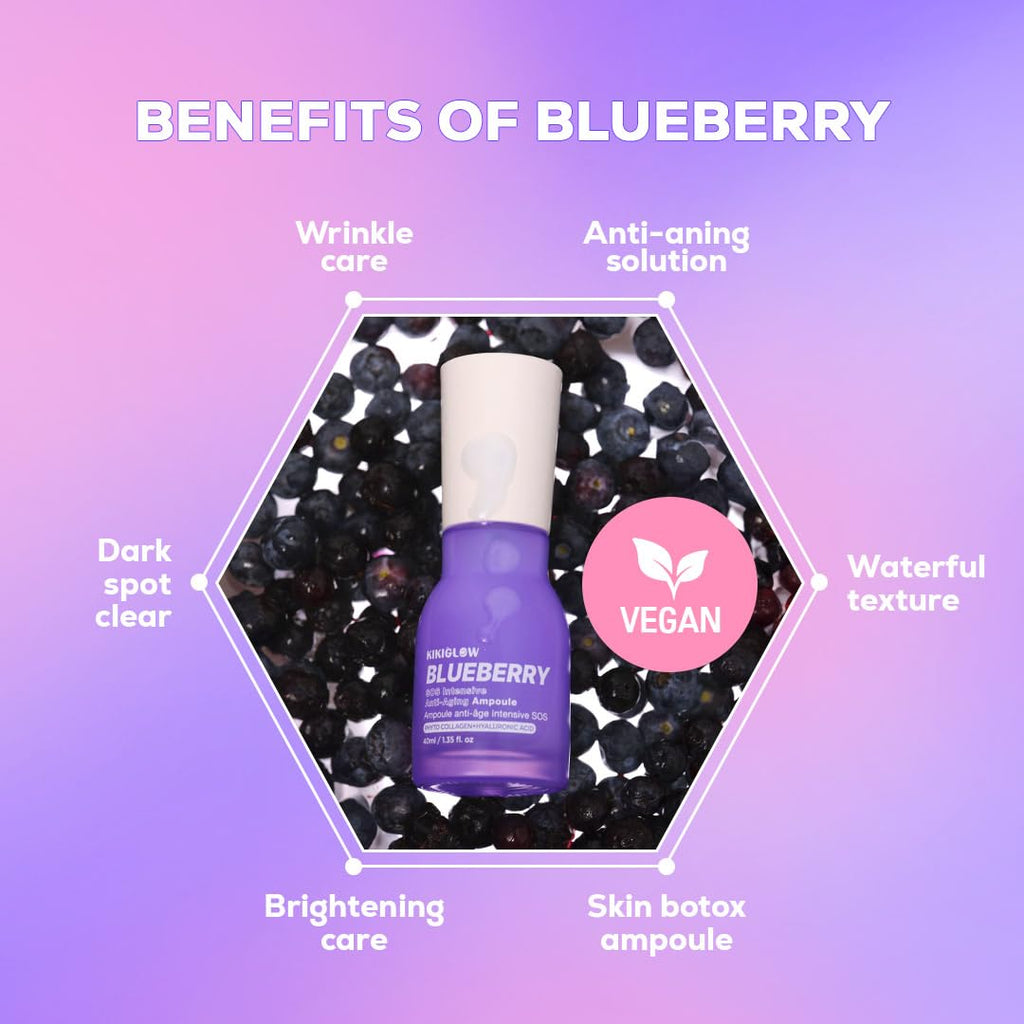 KIKIGLOW Blueberry SOS Intensive Anti-Aging Ampoule 40ml – Korean Firming Facial Ampoule with Vegan Collagen, Hyaluronic Acid, Adenosine, Antioxidant Care, Wrinkle & illuminating