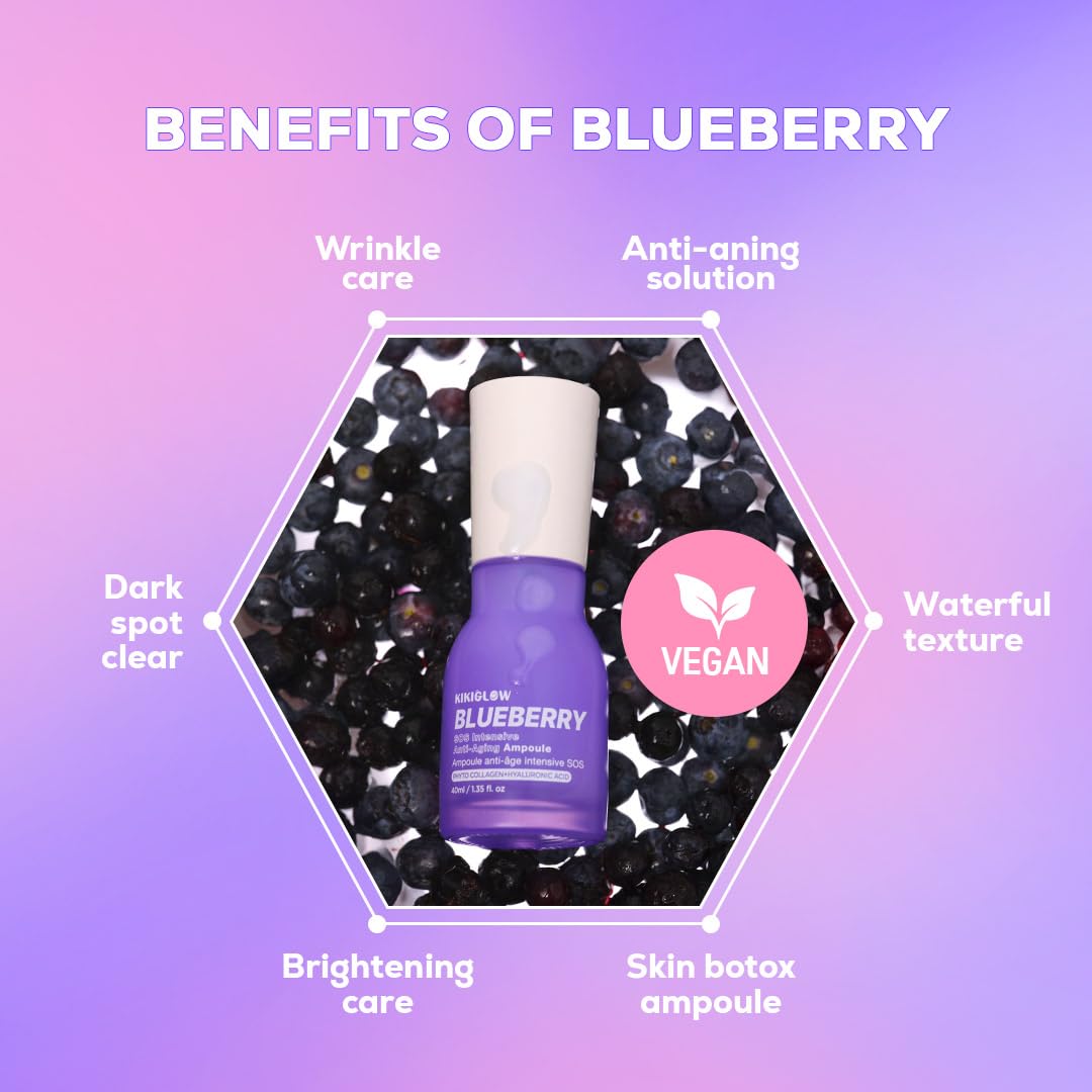 KIKIGLOW Blueberry SOS Intensive Anti-Aging Ampoule 40ml – Korean Firming Facial Ampoule with Vegan Collagen, Hyaluronic Acid, Adenosine, Antioxidant Care, Wrinkle & illuminating