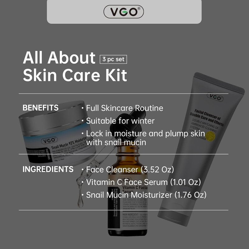 VGO Skin Care Set - Snail Mucin 92% Moisturizer, Vitamin C Serum & Dual-Tube Cleanser | Vegan & Cruelty-Free