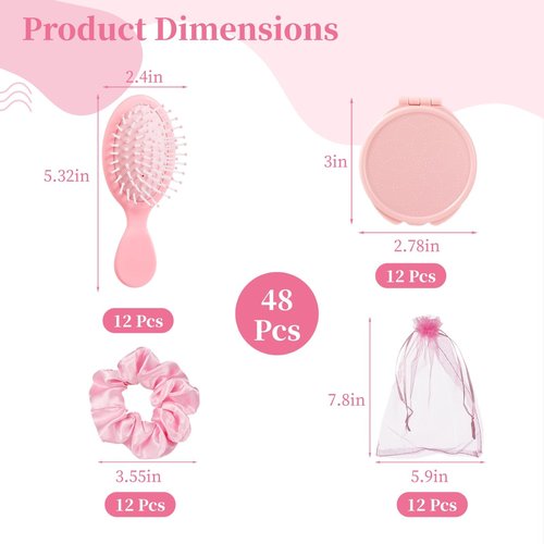 Tideme 48 Pcs Pink Party Favors, Pink Makeup Party Supplies, Including Hair Brushes, Elastic Scrunchies, Pocket Cosmetic Mirrors, and Organza Bags, Makeup Brush Accessories (48PCS)