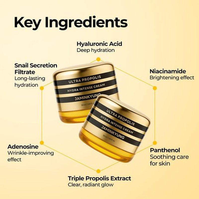 Jaminkyung Triple Propolis & Snail Mucin Face Cream, Korean Glass Skin Moisturizer with 8-Layer Hyaluronic Acid & Panthenol for Deep Hydration, Glowing & Repairing Dry, Dull Skin, 1.69 fl oz