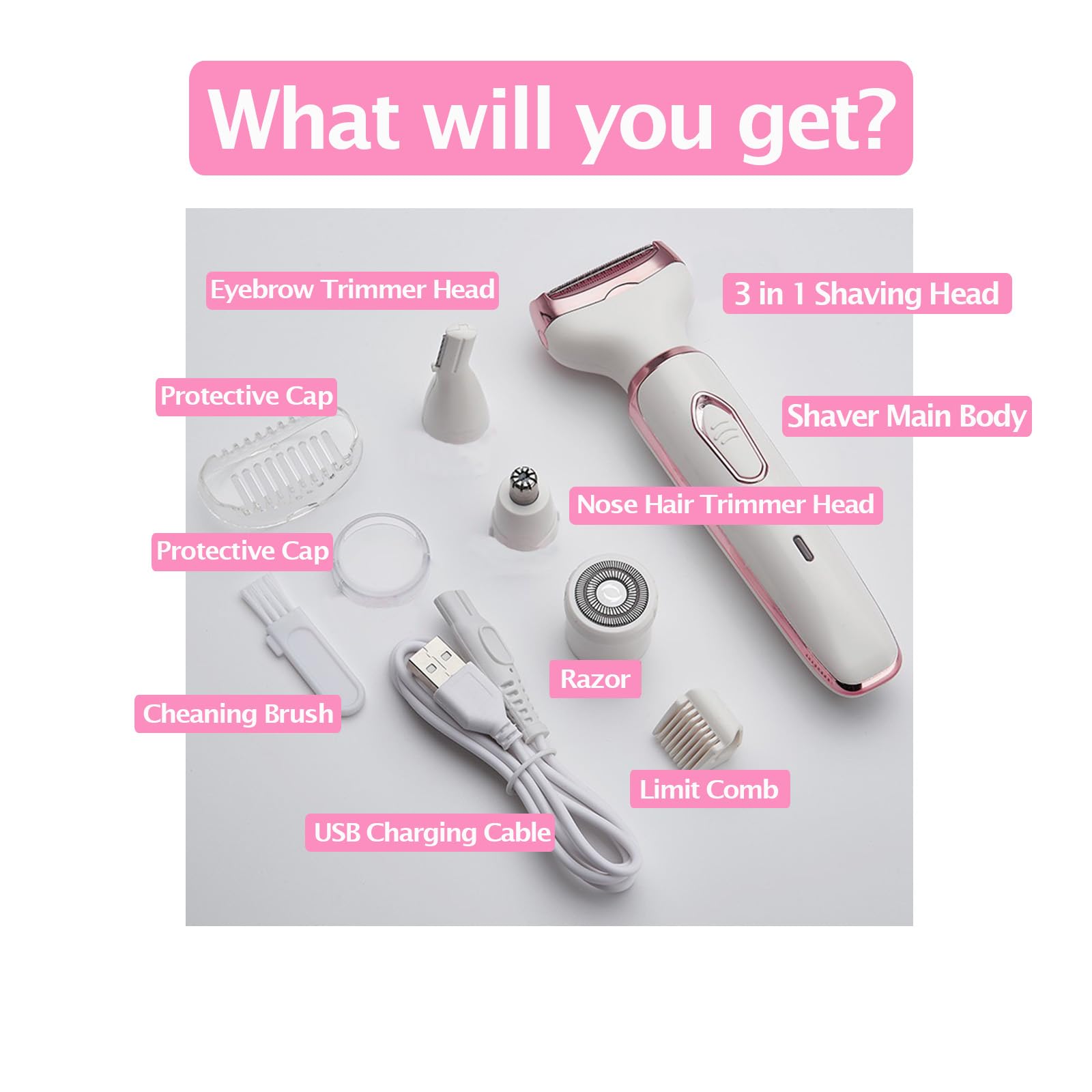 iKakocus Electric Razors for Women Bikini Shaver for Women 4 in 1 Trimmer, Razors for Shaving Pubic Hair Remover, Painless & Safety for Pubic Body Facial Hair Removal, USB Rechargeable