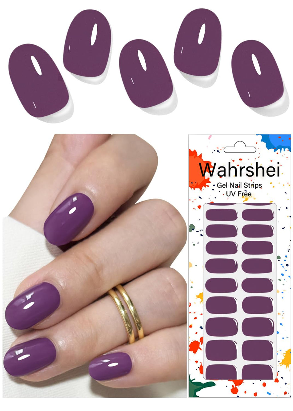 Wahrshei Gel Nail Strips No UV, Light Plum, UV Free, Long Lasting Gel Stickers - Contains 22 Wraps, 1 Prep Pad, 1 File