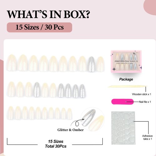 Fomkrio White Omber and Silver Glitter Medium Press On Nails Almond Acrylic Fake Nails with Designs Spring Summer Nails for Women Girls, 15 Sizes - 30Pcs Manicure Nail Kit