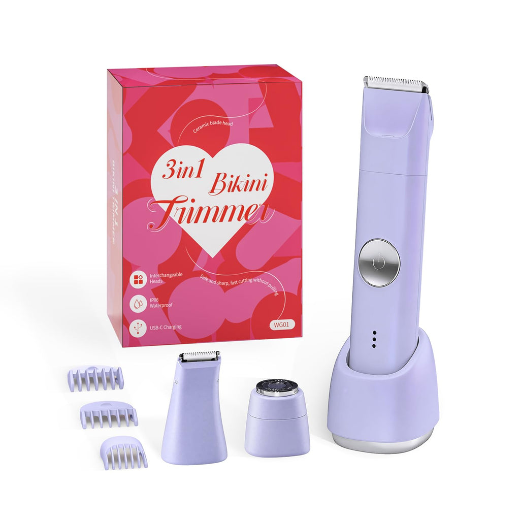 LIKEFUN Bikini Trimmer for Women, Electric Shaver for Leg Pubic Armpit Facial Hair Shaving, Waterproof Groomer,Hygiene Ceramic Blade (Purple Silver)