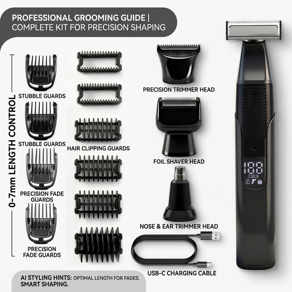 4-in-1 Electric Body Hair Trimmer for Men, Waterproof Grooming Kit with T-Blade, Foil Shaver & Nose Hair Trimmer, LED Display, USB-C Rechargeable, Wet & Dry Use, 6 Guide Combs (0-7mm)