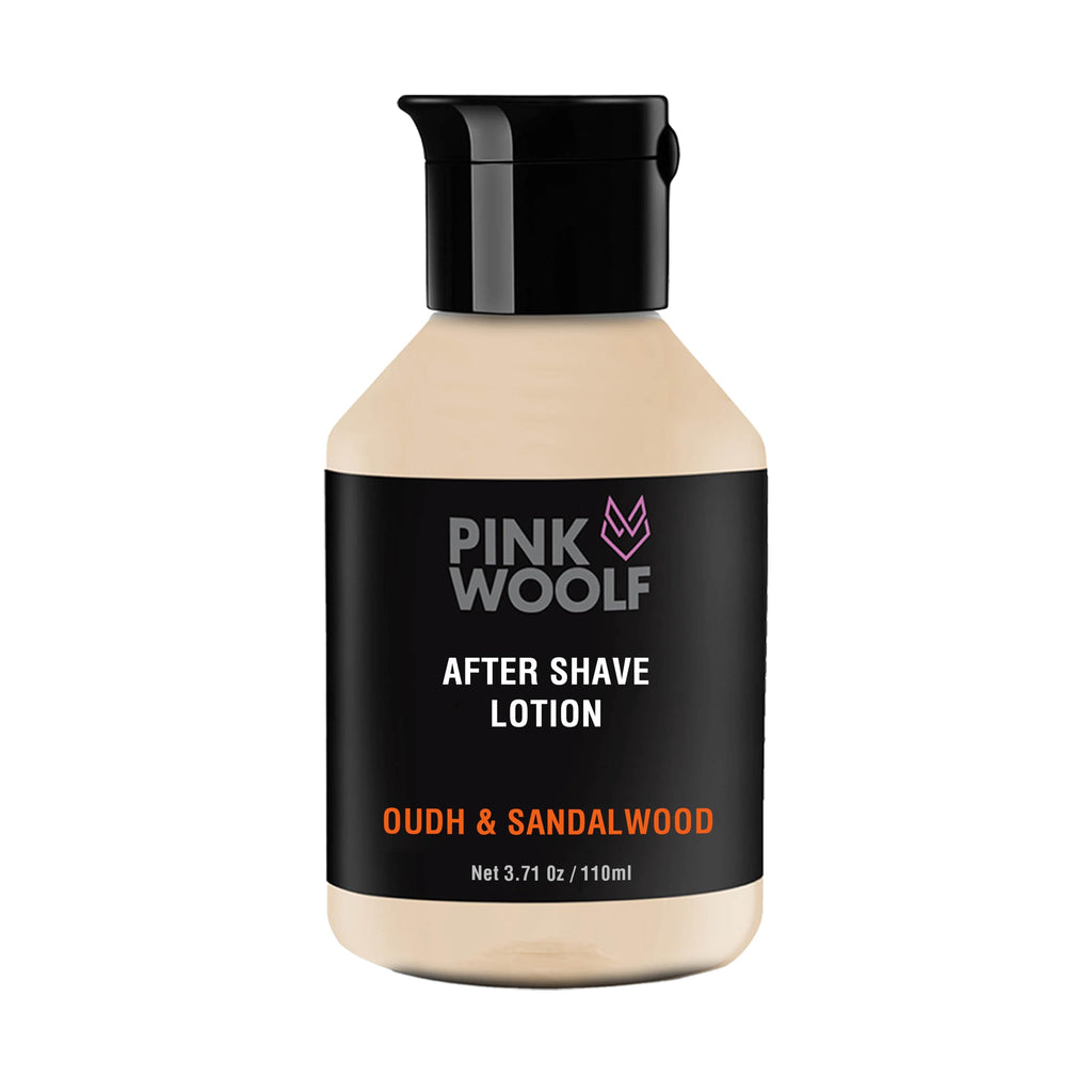 Pink Woolf After Shave Lotion for Men, Alcohol Free Aftershave Balm, Razor Burn & Irritation Relief, Fast Absorbing Post Shave Moisturizer, Oudh & Sandalwood, 3.7 oz