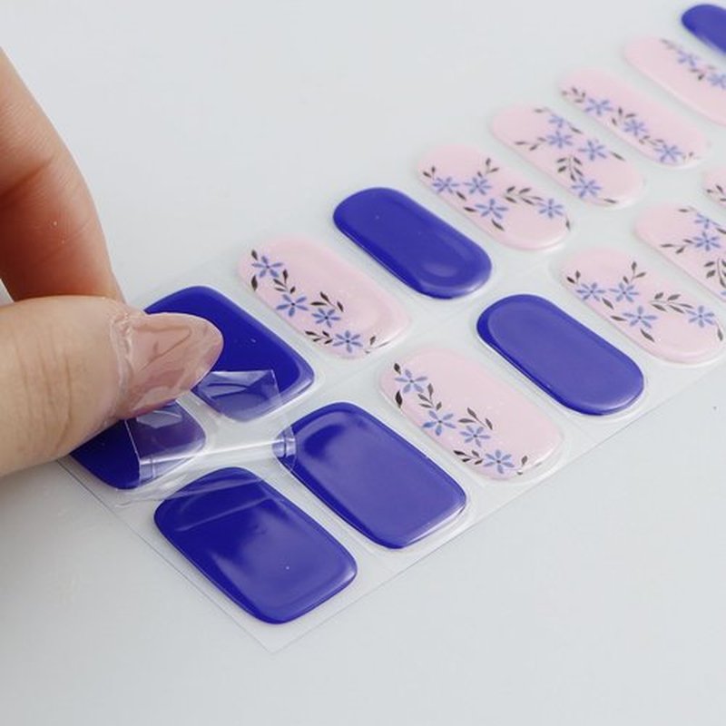 JMEOWIO Gel Nail Stickers Blue Pink Flower Semi Cured Gel Nail Strips Wraps UV/LED Nails Art Design Decoration Accessories