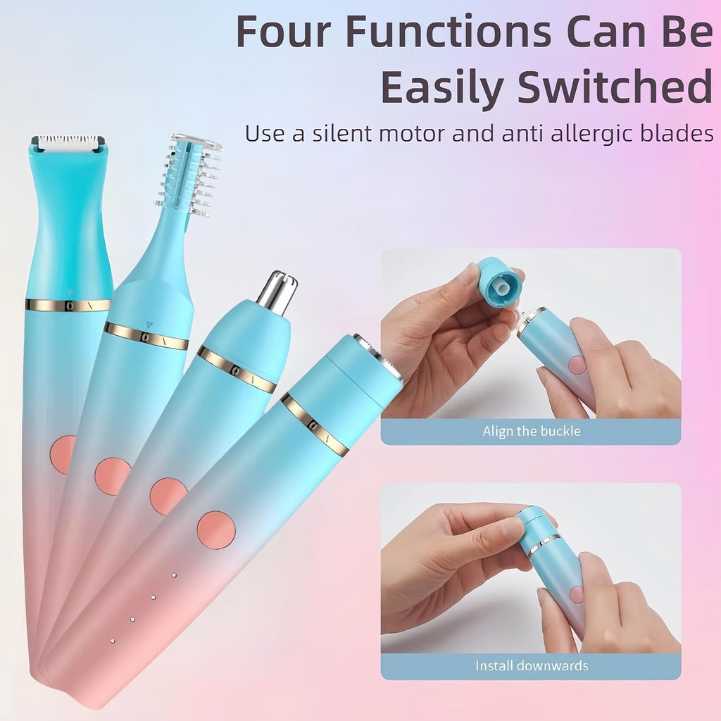 PanniOhye 4-in-1 Electric Facial Hair Trimmer for Women, Rechargeable Waterproof Eyebrow Epilator with Multiple Heads, Blue and Pink Gradient