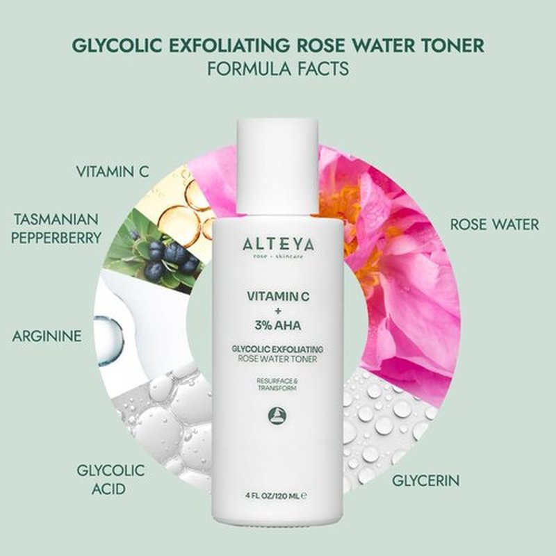 Alteya Organics Glycolic Exfoliating Rose Water Toner (Vitamin C Plus 3% AHA) - 4 Fl Oz/120mL