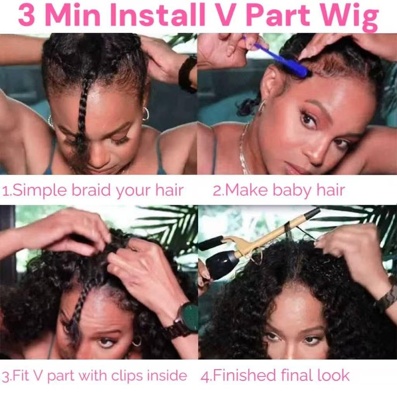 XSSXAKO V Part Wig Human Hair Kinky Curly Upgrade U Part Wig For Black Women 100% Human Hair V Shape Curly Glueless Clip In Half Wig Natural Color No Leave Out 180% Density 18inch
