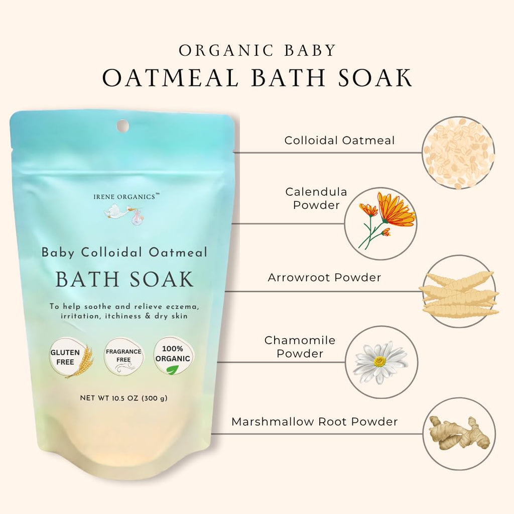 Oatmeal Baby Bath Powder for Eczema by Irene Organics - Colloidal Oatmeal for Soothing Treatment of Eczema, Diaper Rash, Dry Skin, Itching and Irritation - Moisturize and Sooth Baby and Toddler Skin