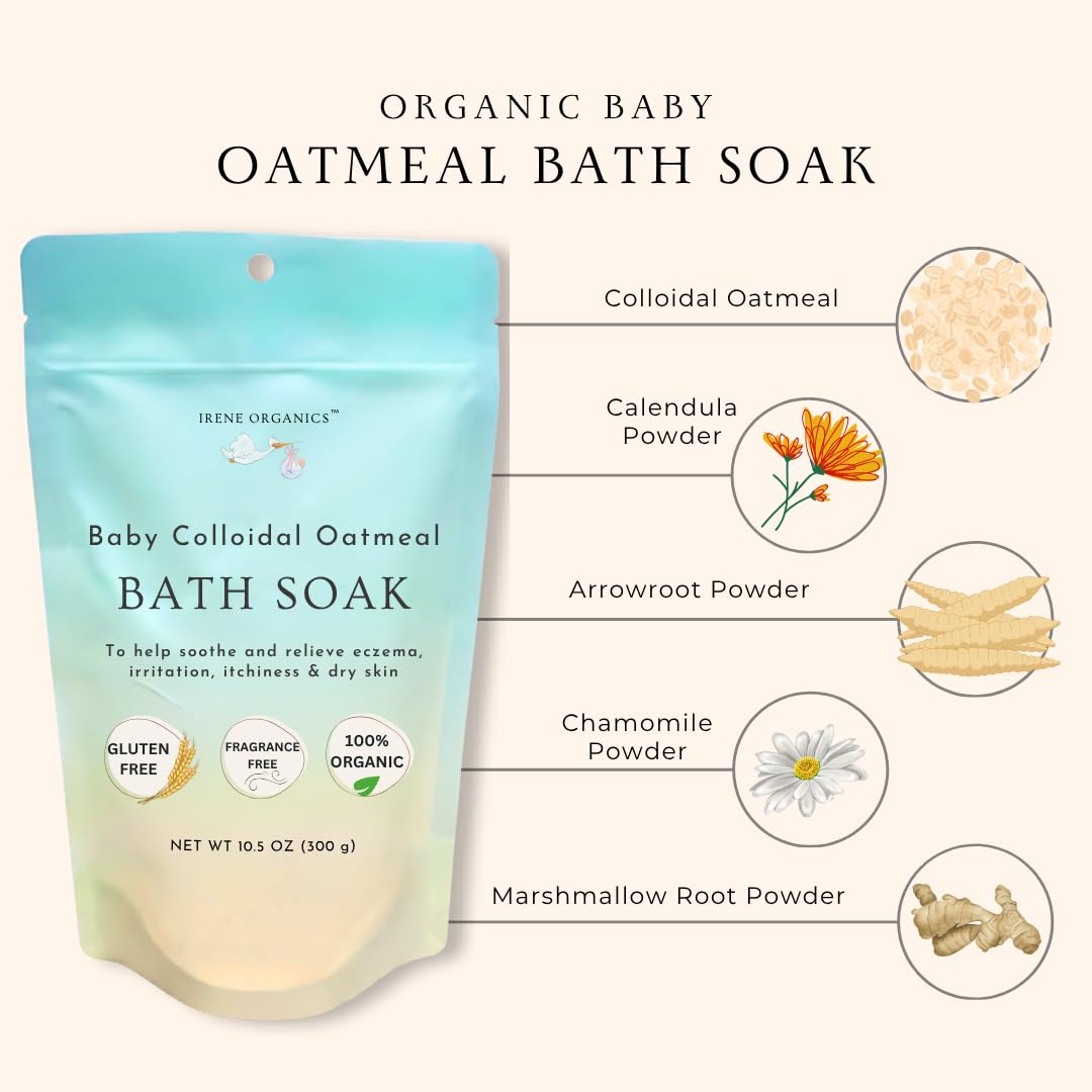 Oatmeal Baby Bath Powder for Eczema by Irene Organics - Colloidal Oatmeal for Soothing Treatment of Eczema, Diaper Rash, Dry Skin, Itching and Irritation - Moisturize and Sooth Baby and Toddler Skin