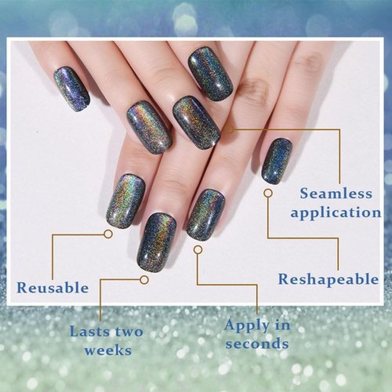 evpct Black Chrome Metallic Cat Eye Press on Nails Square Medium, Stick on Nails Medium Length Square for Women, Black Metallic Nail press ons, Iridescent Glitter Halloween Acrylic Fake Press on Nail