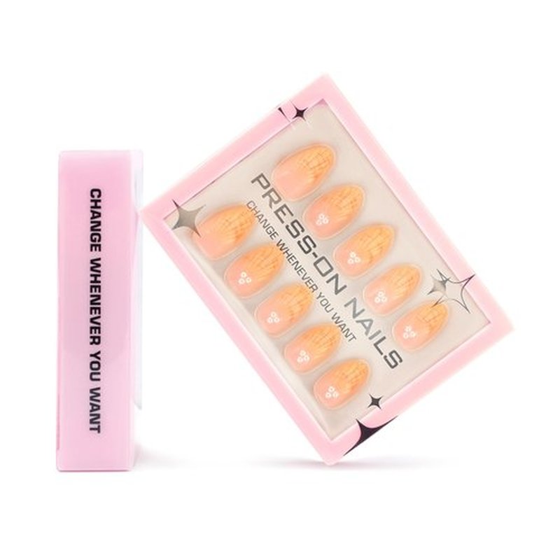 Fomkrio Orange Line French Tip 3D Shell Fun Painting Pearls Charms Short Press On Nails Almond Acrylic Fake Nails with Design, Spring Summer Nails for Women Girls, 15 Sizes - 30Pcs Manicure Nail Kit