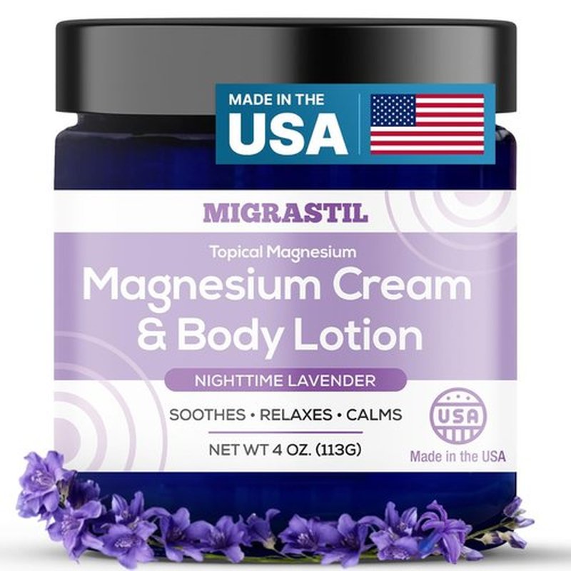 MIGRASTIL Nighttime Lavender Magnesium Cream & Non-Greasy Body Lotion. Extra Strength 250mg Magnesium Chloride for Muscle Relief, Leg Cramps, Relaxation and Sweet Sleep. Vegan, Made in the USA.