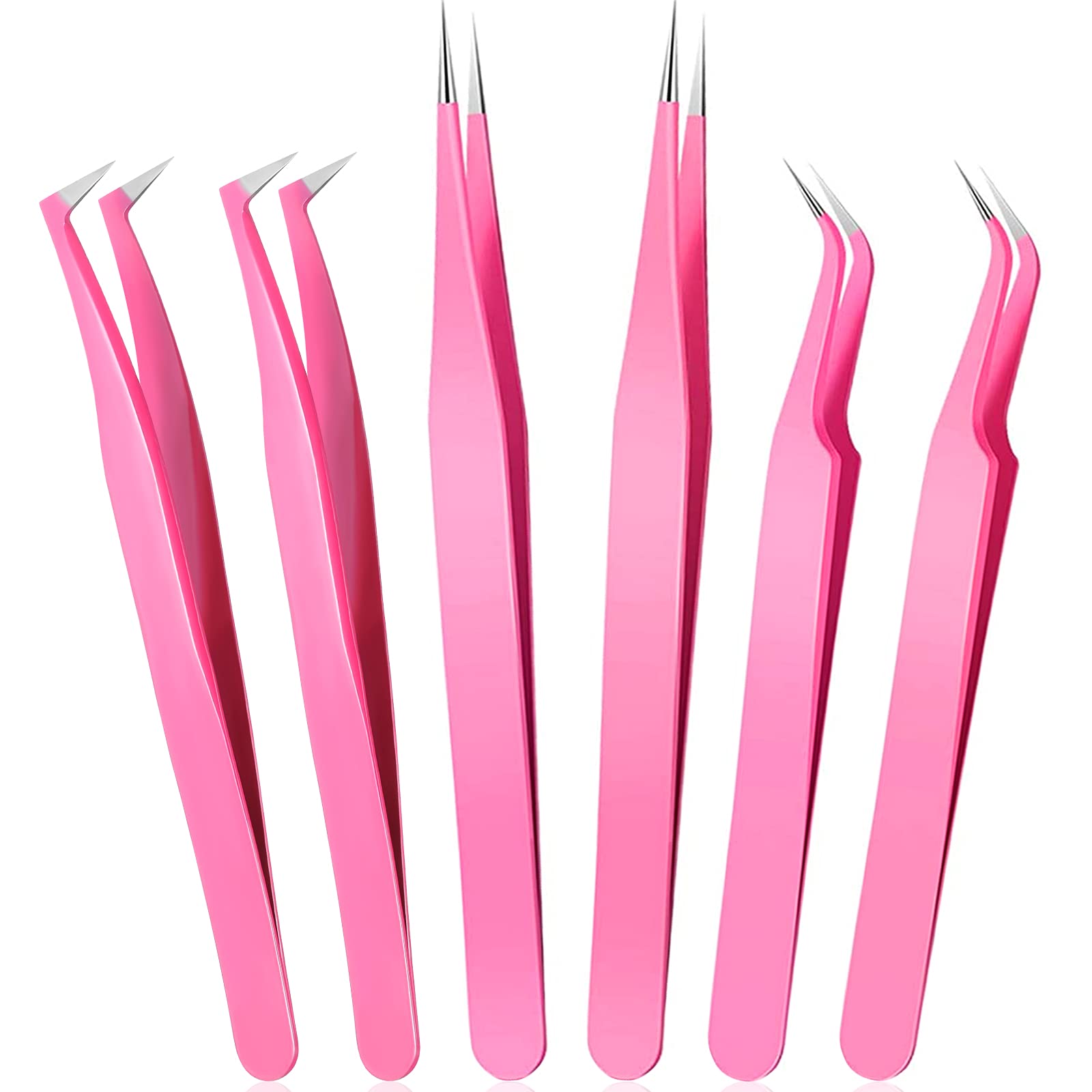 High Precision Lash Tweezers Set 6 Pack Stainless Steel Eyelash Extension Tweezers for Classic, Volume, Mega Volume Lashes, Facial Hair, Eyebrow, Hair Removal, Crafting Making(Pink)