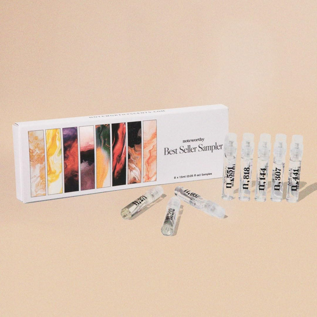 Noteworthy Fragrance Sampler Set | Luxury Perfume Samples | Includes Credit Toward 100ml Purchase | Notes of Vanilla, Sandalwood, Citrus & More | Cruelty-Free, Made in USA (Best Sellers - 8 Samples)