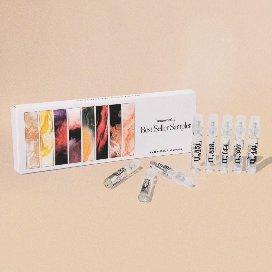 Noteworthy Fragrance Sampler Set | Luxury Perfume Samples | Includes Credit Toward 100ml Purchase | Notes of Vanilla, Sandalwood, Citrus & More | Cruelty-Free, Made in USA (Best Sellers - 8 Samples)