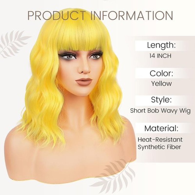 BATISI Yellow Short Bob Wig with Bangs for Women Loose Wavy Shoulder Length 14 Inch Synthetic Wig for Daily Cosplay Party Use