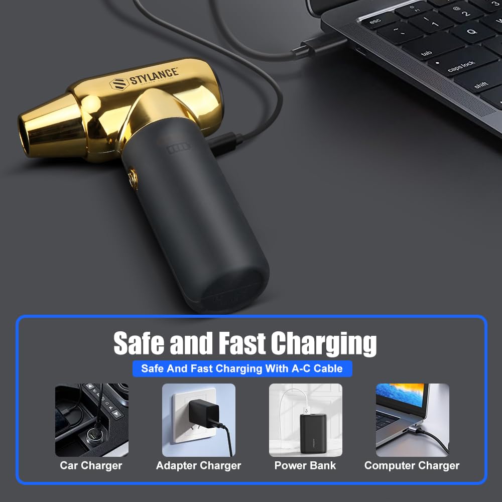 Compressed Air Duster - Barber Blower, Electric Duster, 3 Gear Mini Portable Jet Dry Air Blower, Cordless Vacuum Cleaner, for PC, Office,Salon, Fan, Laptop, Keyboard, Car (Gold)